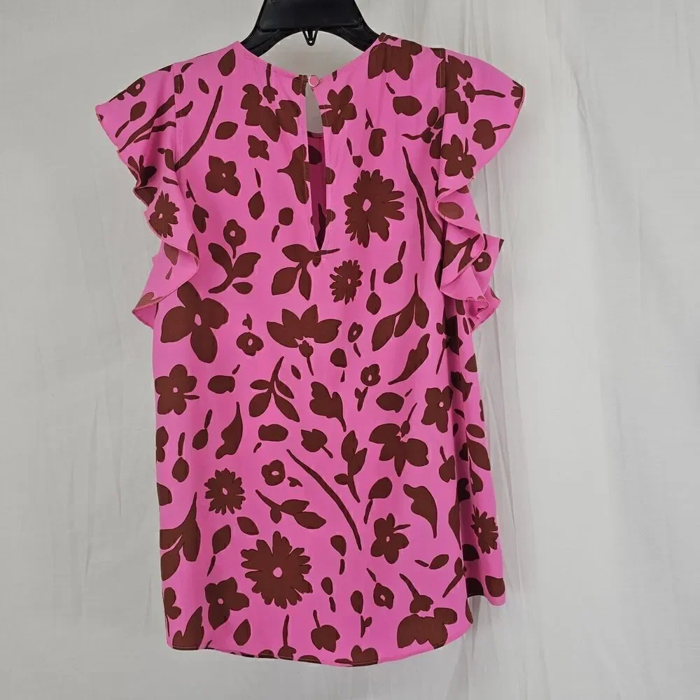 Kate Spade Splash Floral Crewneck Flutter Sleeve Keyhole Top Size Sm Pink Multi